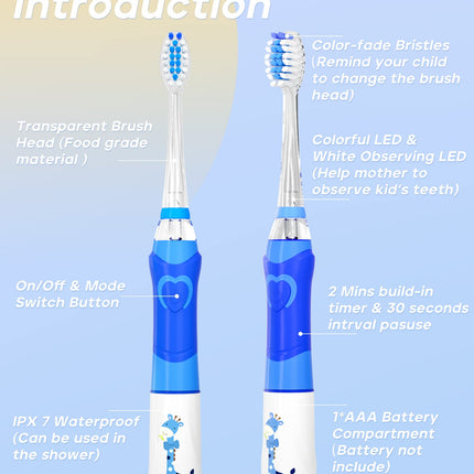 SEAGO Kids Electric Toothbrush – 2 Min Timer, 4 Replacement Heads, Rainbow LED, Blue (4–12 yrs)