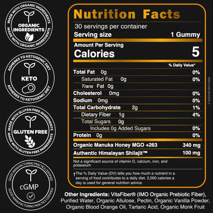 Organic SHILAJIT Gummies by NutroTonic | Cane Sugar Free, Organic Manuka Honey | 30 Gummies