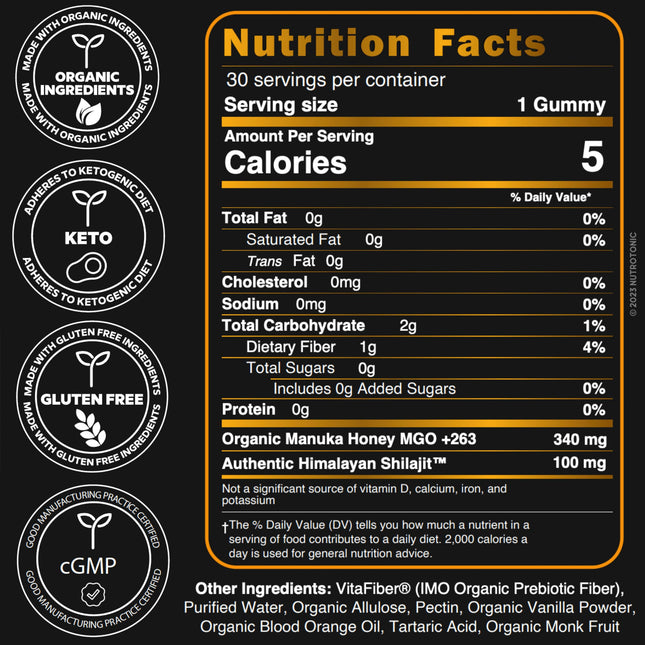 Organic SHILAJIT Gummies by NutroTonic | Cane Sugar Free, Organic Manuka Honey | 30 Gummies