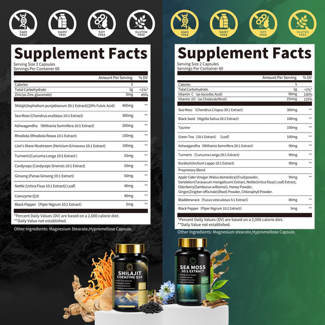 Shilajit & Sea Moss Bundle for Men – 240 Capsules with CoQ10