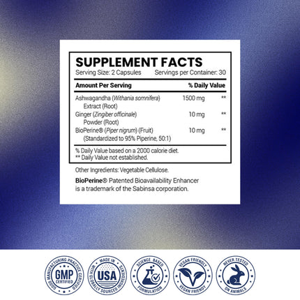 Research Verified Ashwagandha 1500mg with Bioperine & Ginger | 60 Vegan Capsules