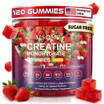 Slsomu Creatine Monohydrate Gummies 5000mg – Strawberry, 120 Gummies | Vegan Pre-Workout