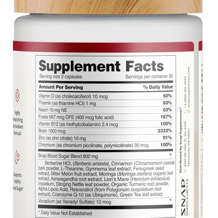 Snap Supplements Blood Sugar Blend — CoQ10, Cinnamon, Gymnema, Alpha Lipoic Acid, Sugar Free, 60 Capsules, 2 Pack