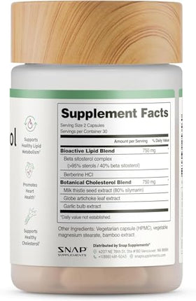 Snap Supplements Cholesterol Health - Natural Support for Heart, Liver, Digestive and Metabolic Health, 60 Vegetarian Capsules (30 Servings, 1 Month Supply)
