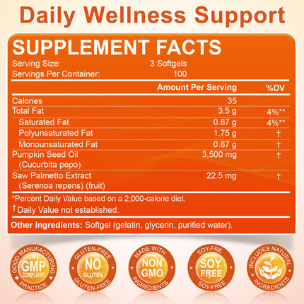 Pumpkin Seed Oil with Saw Palmetto 3500mg Softgels, 300ct, Cold-Pressed