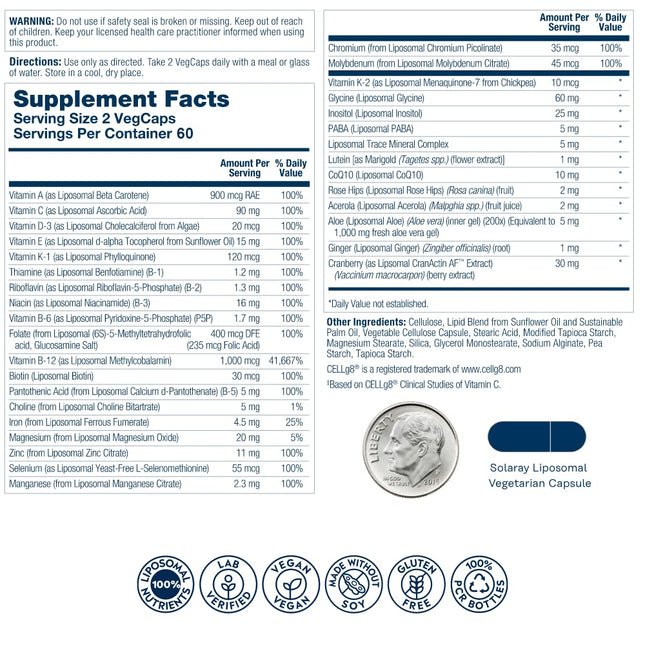 SOLARAY Liposomal Multivitamin for Women 50+ | Enhanced Absorption, Immune & Bone Support, Vegan, 60 Servings