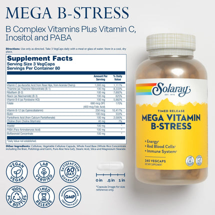 SOLARAY Mega Vitamin B-Stress – Timed Release B-Complex with B12, B6, Folic Acid & Vitamin C | Stress Support, Energy & Immune Health – Vegan, 240 CT | 60-Day Guarantee