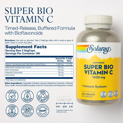SOLARAY Vitamin C 1000 mg – Buffered, Timed-Release, Bioflavonoids | Vegan Immune Support
