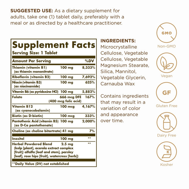 Solgar B-Complex 100 | 250 Tablets for Energy Metabolism, Heart & Nerve Support | Vegan, Non-GMO, Gluten Free