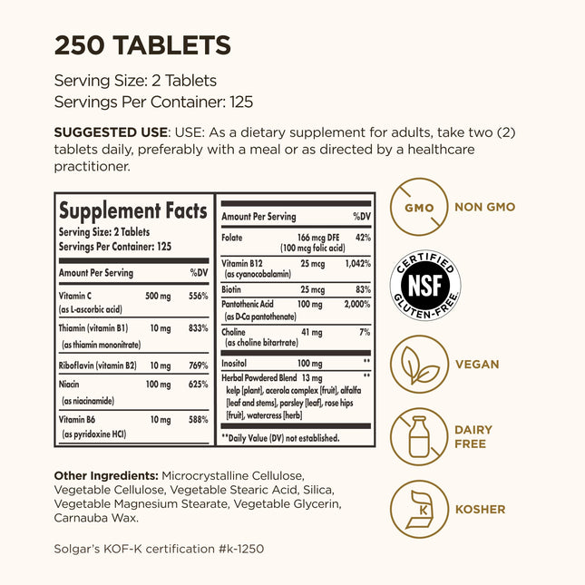 Solgar B-Complex with Vitamin C Stress Formula - 250 Tablets | Energy Metabolism, Nervous System & Immune Support