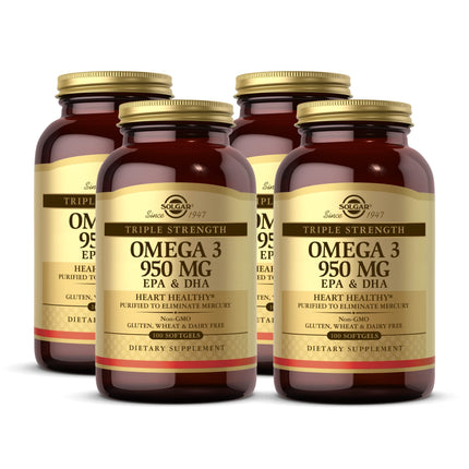 Solgar Triple Strength Omega-3 950 mg | 100 Softgels (Pack of 4) | Supports Joints & Skin Health | Non-GMO, Gluten Free, Dairy Free