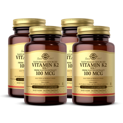 Solgar Vitamin K2 MK-7 100 mcg – Natto Whole-Food Source, 50 Vegetable Capsules x4 (200 Servings) – Non-GMO, Gluten Free