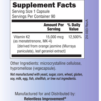 Relentless Improvement Vitamin K2 MK4 15,000 mcg — High-Potency, Soy-Free Vegi-Capsules