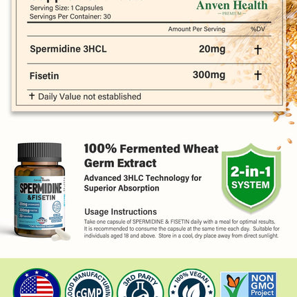 Spermidine & Fisetin Supplement – 20mg Spermidine, 300mg Fisetin | 90 Veggie Caps | Made in USA