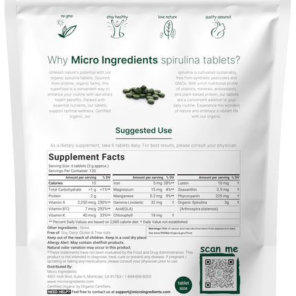 Micro Ingredients Organic Spirulina – 3000mg per Serving, 720 Tablets