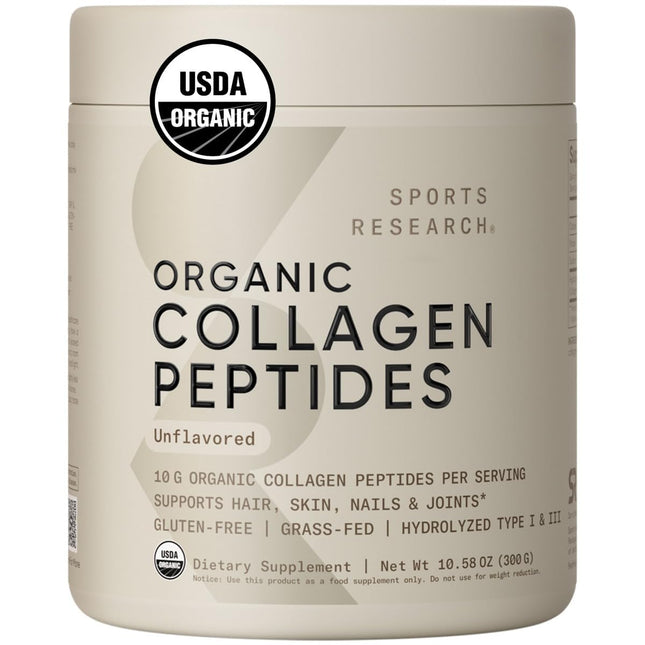 Sports Research Organic Collagen Peptides – Hydrolyzed Type I & III, Grass-Fed, USDA Organic