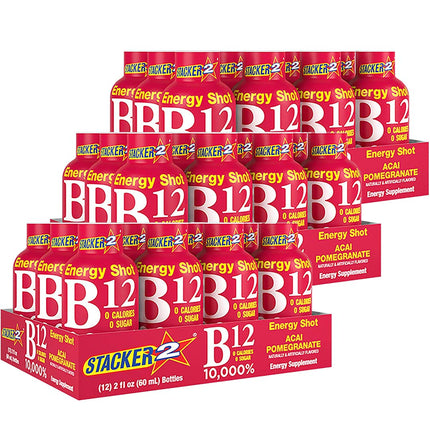 Based Box STACKER2 Vitamin B Complex Liquid Shots – Acai & Pomegranate, B12 B6 B3, 2oz Pack of 36