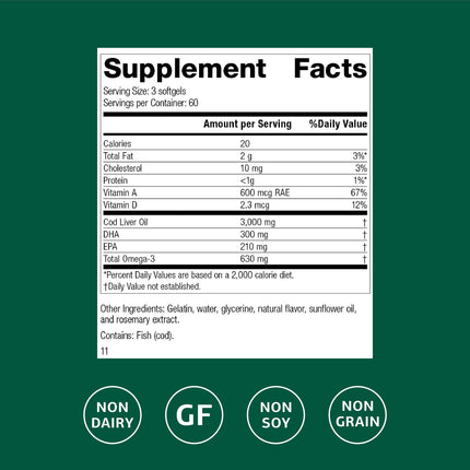 Standard Process Cod Liver Oil – Omega-3, Vitamins A & D for Skin, Eyes & Bone Health