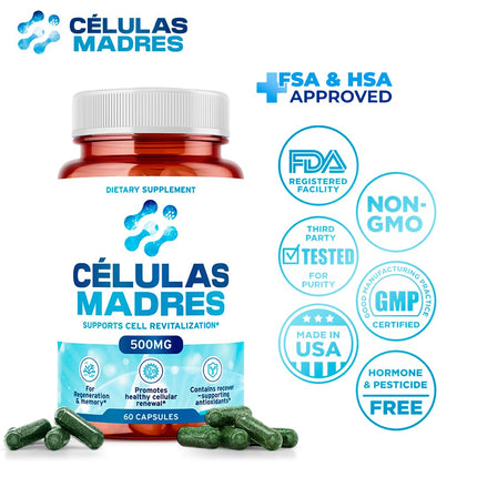 Stem Cell Supplements 500mg (180 Caps) – Anti-Aging & Longevity | Spirulina & Chlorella | Celulas Madre