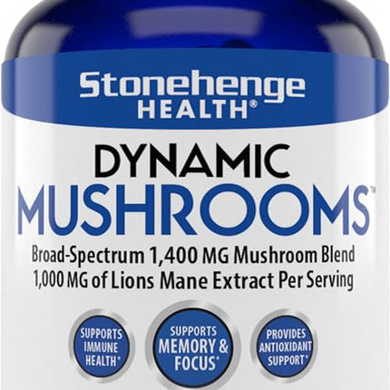 Stonehenge Dynamic Health Mushrooms 1,400 mg – 5 Mushroom Complex (Lion’s Mane, Reishi, Chaga, Maitake, Shiitake) – 60 Capsules