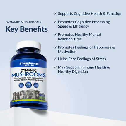 Stonehenge Dynamic Health Mushrooms 1,400 mg – 5 Mushroom Complex (Lion’s Mane, Reishi, Chaga, Maitake, Shiitake) – 60 Capsules