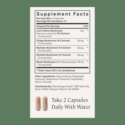 Stonehenge Dynamic Health Mushrooms 1,400 mg – 5 Mushroom Complex (Lion’s Mane, Reishi, Chaga, Maitake, Shiitake) – 60 Capsules