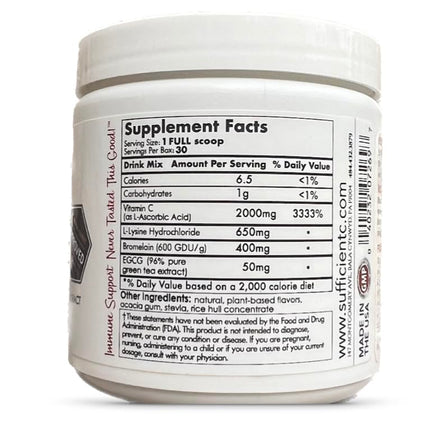 Sufficient-C High-Dose Vitamin C Lemon Peach Immune-Ade – 125g, Non-GMO