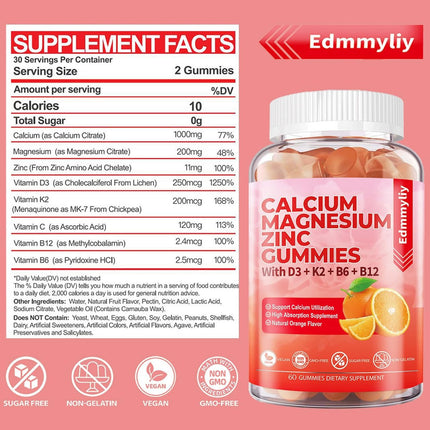 Sugar Free Calcium Magnesium Zinc Gummies with Vitamin D3 & B12 – Immune Support (120 Count)