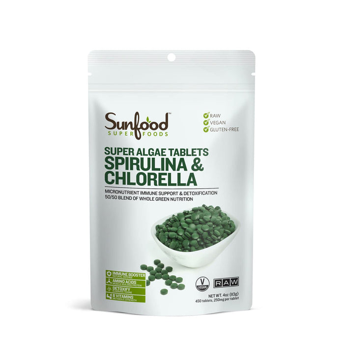 Sunfood Chlorella Spirulina Tablets - Vegan Green Algae Supplement, 4 oz