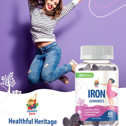 Sunny Sam Iron Gummies for Kids & Adults - 10 mg Iron + Vitamin C
