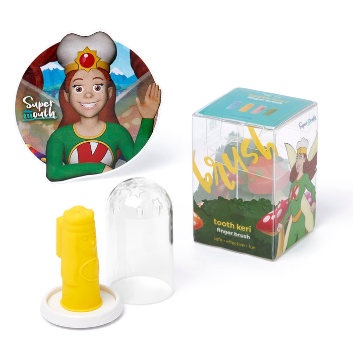 SuperMouth Tooth Keri Baby Finger Brush – Soft Silicone Bristles, Bite Block, Light-Up Wand, AR App, Teething to 2 Years, 4 Colors