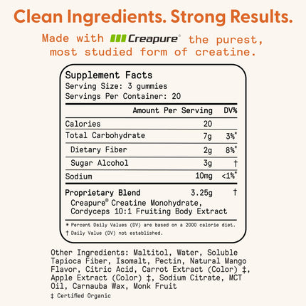 SuperMush Daily Creatine Gummies with Cordyceps – Sugar-Free Vegan Creatine Monohydrate for Strength, Focus & Recovery