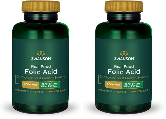 Swanson Real Food Folic Acid 1000 mcg Veggie Capsules – Prenatal Health (Vegan, Gluten-Free, Non-GMO) Pack of 2