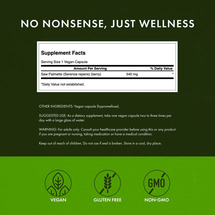 Swanson Saw Palmetto – Prostate & Urinary Health Support, Hair Benefits (540 mg, 250 Capsules) – 3 Pack
