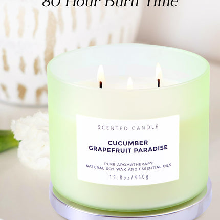 T&H Cucumber Grapefruit Paradise 3-Wick Soy Candle | 15.8 oz Fresh Citrus Aromatherapy