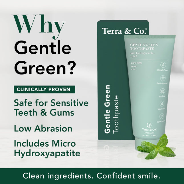 Terra & Co. Gentle Green Micro-Hydroxyapatite Toothpaste for Sensitive Teeth – USA-Made, Vitamin B12, Fluoride-Free, Vegan, SLS-Free – Mint, 3.4 oz