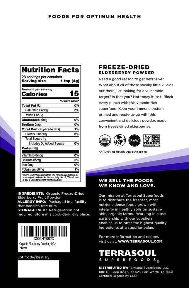 Terrasoul Organic Elderberry Powder - 4 oz Freeze-Dried (Pack of 2)