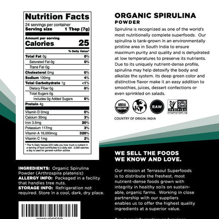 Terrasoul Spirulina Powder Organic, 24 oz – Non-GMO, Gluten-Free, Vegan