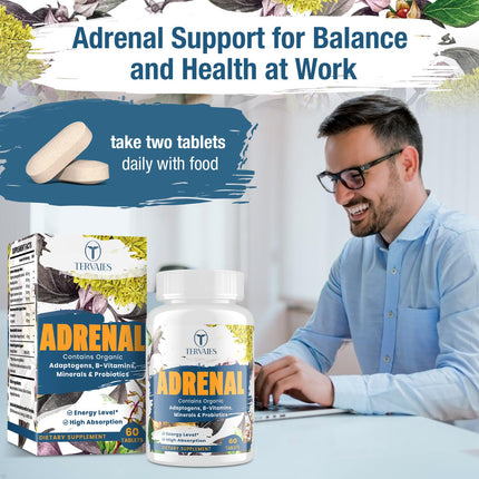 Tervaies Adrenal Support Adaptogen Supplements – Rhodiola, Ashwagandha, Holy Basil & Eleuthero | 120 Vegan Tablets