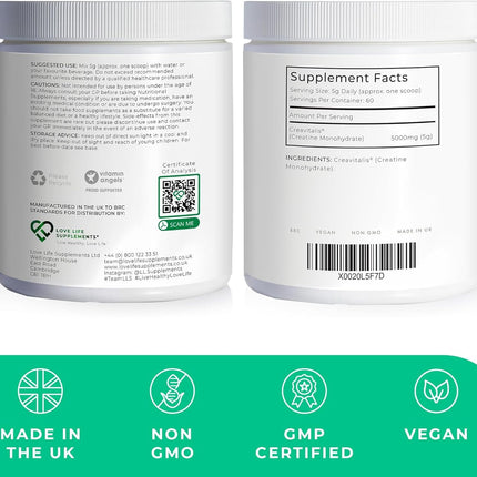 Creapure Creatine Monohydrate Powder 300g – 60 Servings (Vegan)