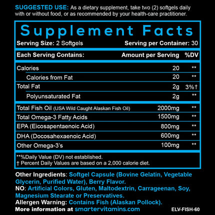 SmarterVitamins Omega-3 3-Pack: Berry Flavor Burpless Softgels, 2000mg DHA EPA (AlaskOmega)