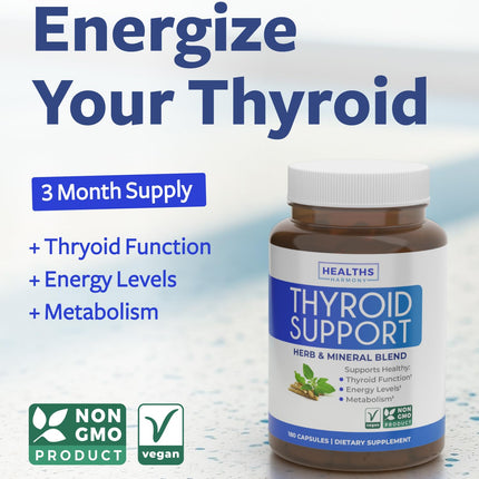 Thyroid Support with Iodine - 180 Capsules (Non-GMO) – 90 Day Supply