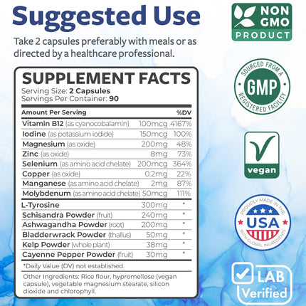 Thyroid Support with Iodine - 180 Capsules (Non-GMO) – 90 Day Supply