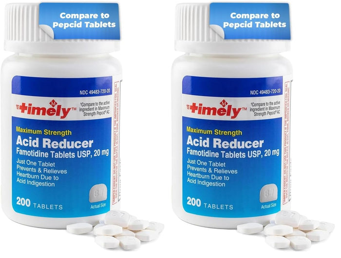 Timely Acid Reducer 20mg Famotidine - Heartburn Relief (200 Tablets, Pack of 2) | TIME-CAP LABS