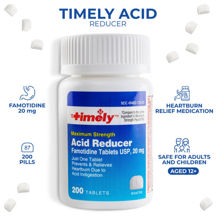 Timely Acid Reducer 20mg Famotidine - Heartburn Relief (200 Tablets, Pack of 2) | TIME-CAP LABS