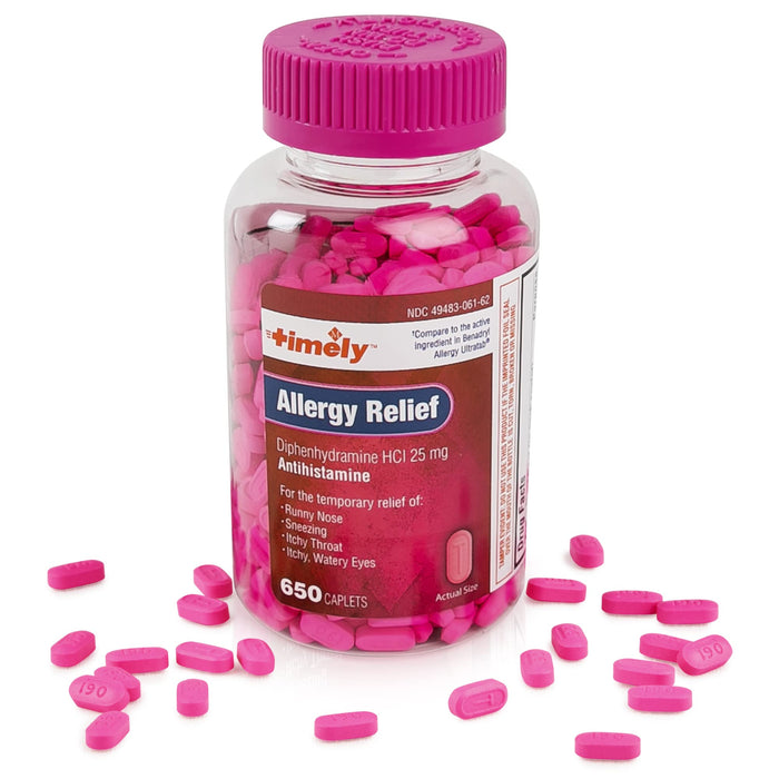 Timely Allergy Relief Diphenhydramine HCl 25 mg | 650 Caplets | Adults | Comparable to Benadryl
