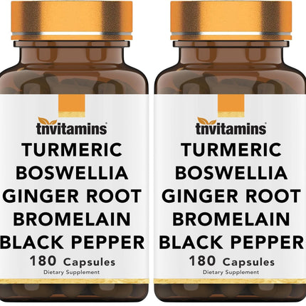 tnvitamins Turmeric & Boswellia Complex (180 Capsules) – Ginger Root, Bromelain & Black Pepper | Joint-Ease Formula | USA Made (Pack of 2)