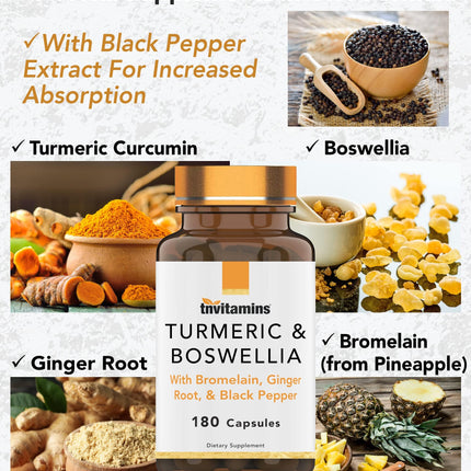 tnvitamins Turmeric & Boswellia Complex (180 Capsules) – Ginger Root, Bromelain & Black Pepper | Joint-Ease Formula | USA Made (Pack of 2)