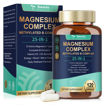 25-in-1 Magnesium Complex with Methylated B-Complex – 120 Vegan Caps | Totaria