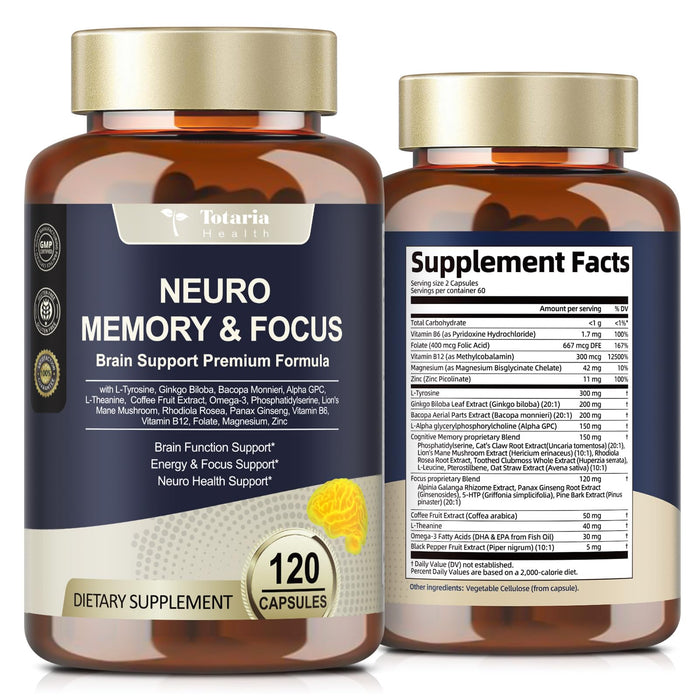 Totaria Brain Supplements for Memory & Focus - Non-GMO, Gluten Free (120 Counts)